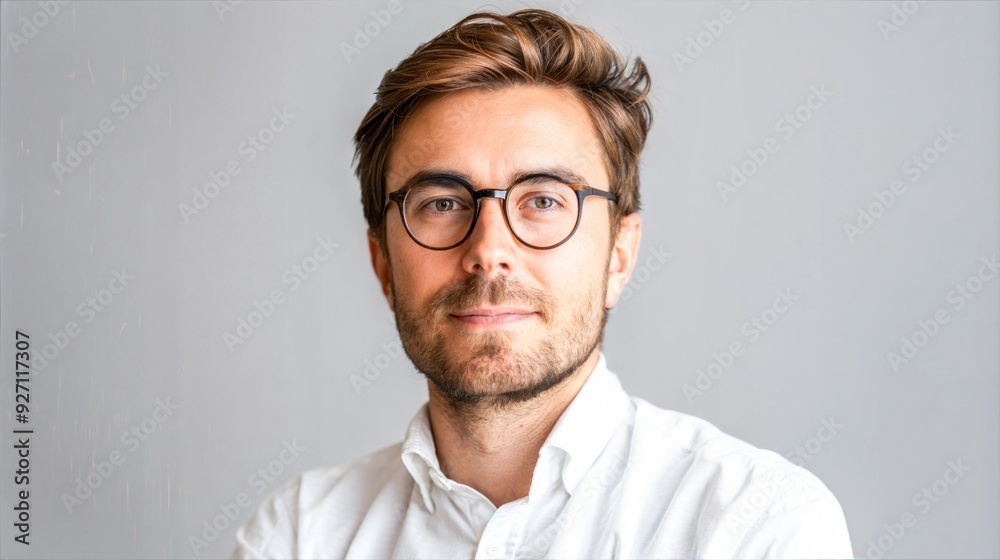 A man with short, brown hair is smiling at the camera. He is wearing glasses and a white shirt against a light gray backdrop A man with short, brown hair is smiling at the camera. He is wearing glasses and a white shirt against a light gray backdrop