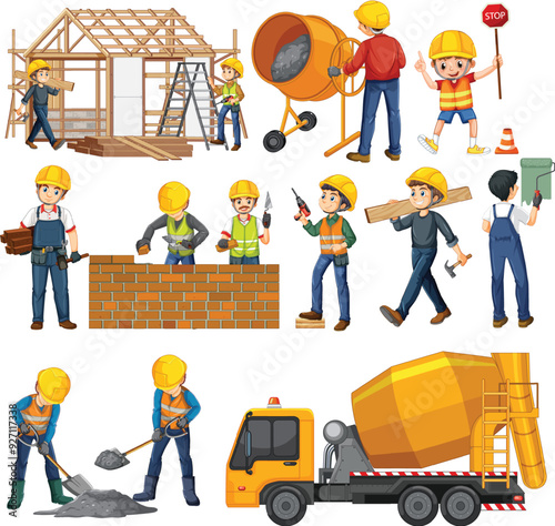 Cartoon Construction Workers and Equipment - Building and Construction Illustration