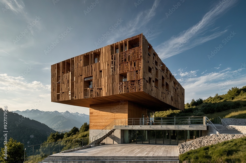 Modern wooden structure surrounded by nature, located on the top of the Forni Valley, designed to accommodate passing tourists.