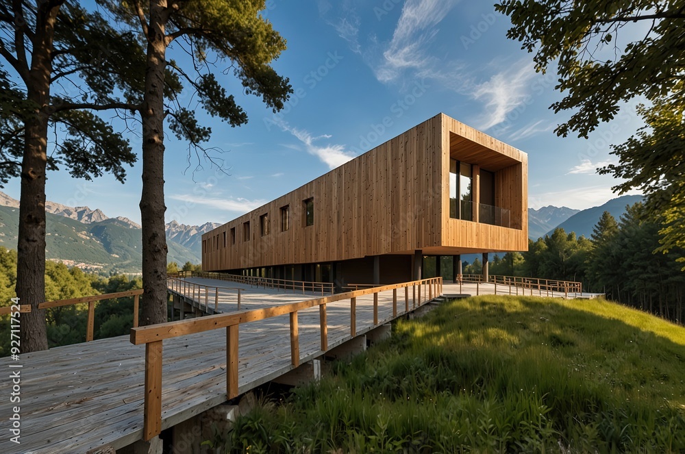 Modern wooden structure surrounded by nature, located on the top of the Forni Valley, designed to accommodate passing tourists. Modern wooden structure surrounded by nature, located on the top of the Forni Valley, designed to accommodate passing tourists.