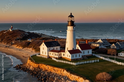 MONTAUK, US - Jan 28, 2023: An aerial shot of the Montauk Point Lighthouse Museum at sunrise, dome before the golden sunlight photo