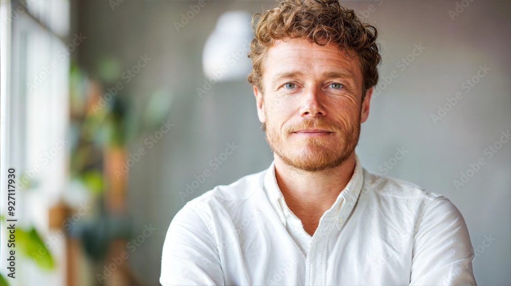 A close-up portrait of a man with curly hair wearing a white shirt in a modern office setting A close-up portrait of a man with curly hair wearing a white shirt in a modern office setting
