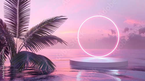 Neon Sunset Oasis: A dreamy, ethereal scene with a circular neon light illuminating a white podium surrounded by palm trees and a misty pink sunset.  The perfect backdrop for showcasing your products 