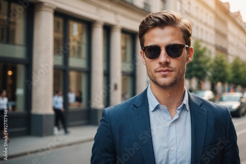 Portrait of young handsome businessman is standing in official clothes and sunglasses