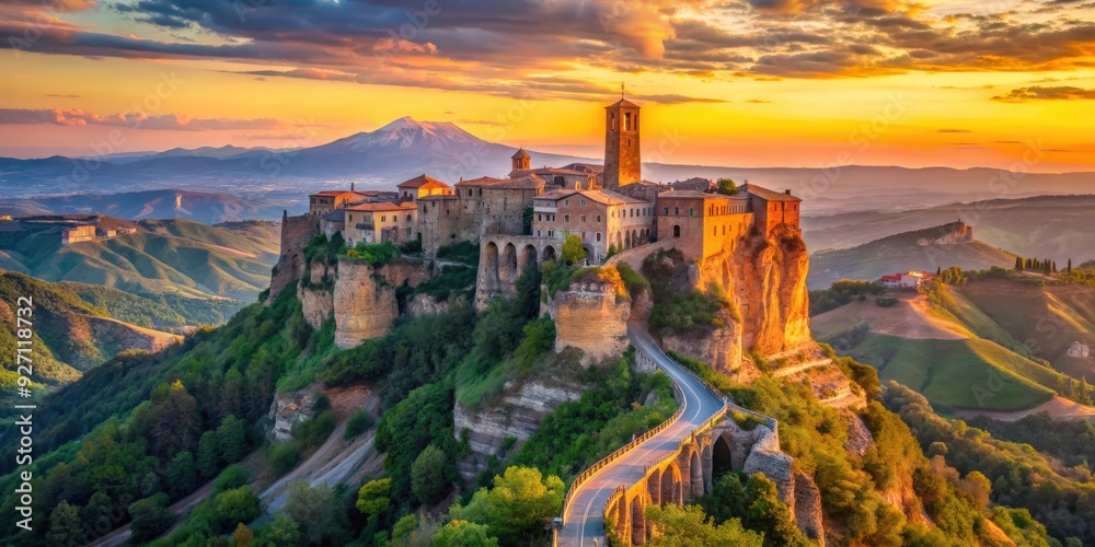 Fototapeta premium Panoramic view of famous Civita di Bagnoregio in sunset light, Lazio, Italy, Civita di Bagnoregio, panoramic, view, sunset, light