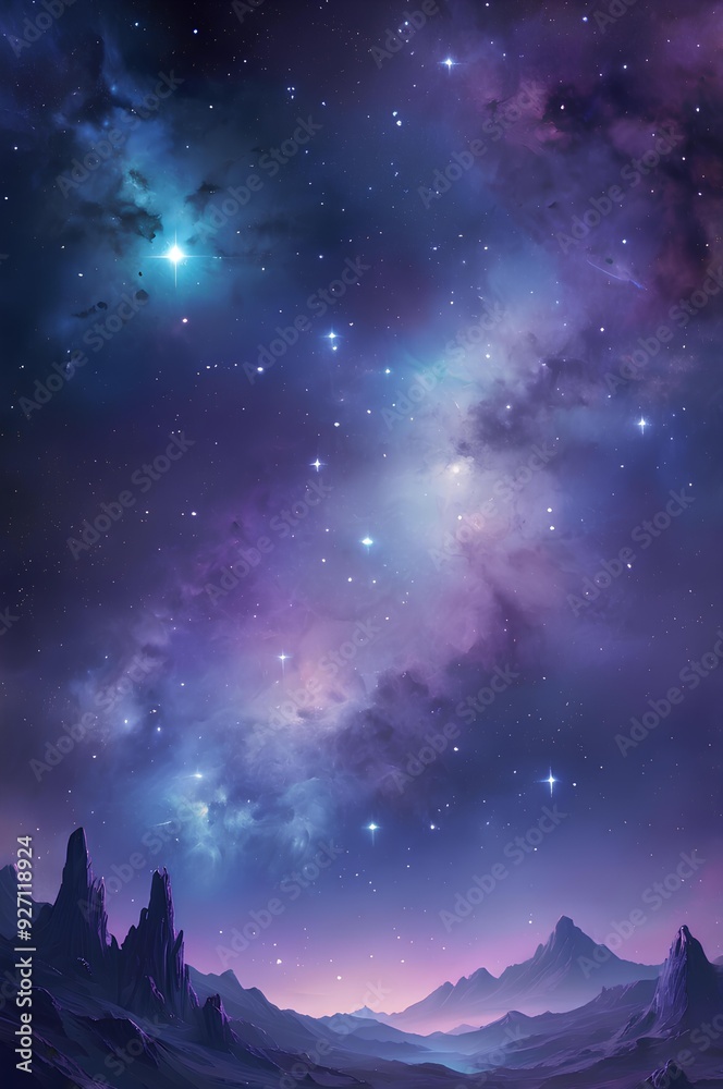 Fototapeta premium Star-Filled Sky and Purple Nebula with Dark Mountain Silhouette