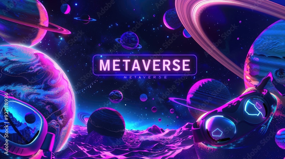 Neon blue and purple metaverse banner with space illustration of planets and technology gadgets as well as METAVERSE Neon blue and purple metaverse banner with space illustration of planets and technology gadgets as well as METAVERSE