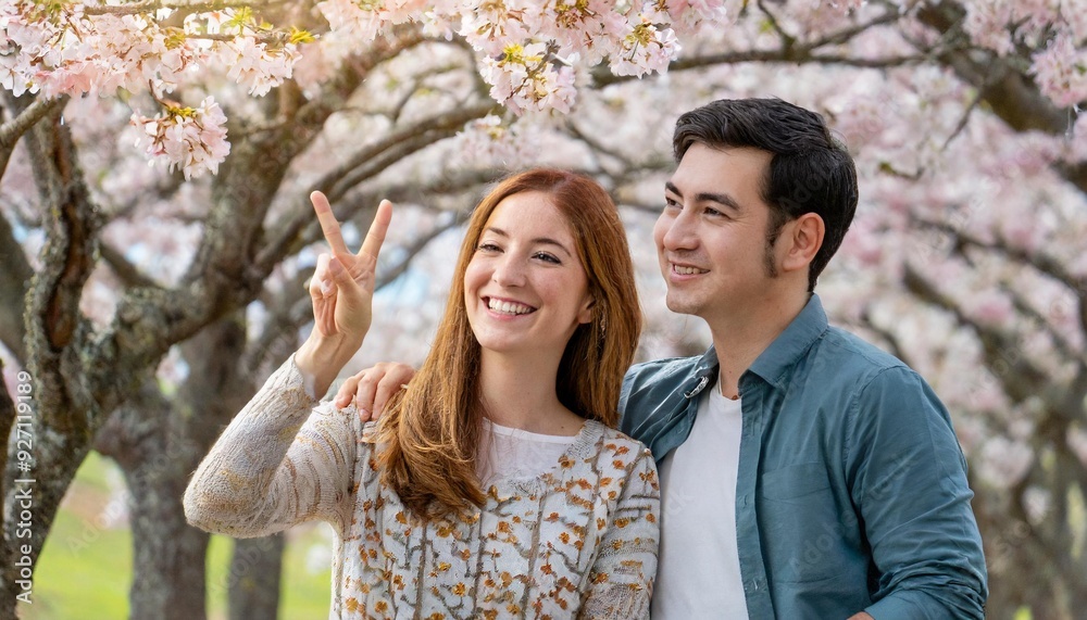 A happy young couple smiling and having portrait under a cherry blossom tree A happy young couple smiling and having portrait under a cherry blossom tree
