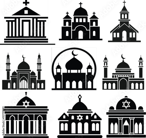 Religions. Mosque, church, synagogue., collection features a set of high-resolution vector icons representing various places of worship from different religions. 