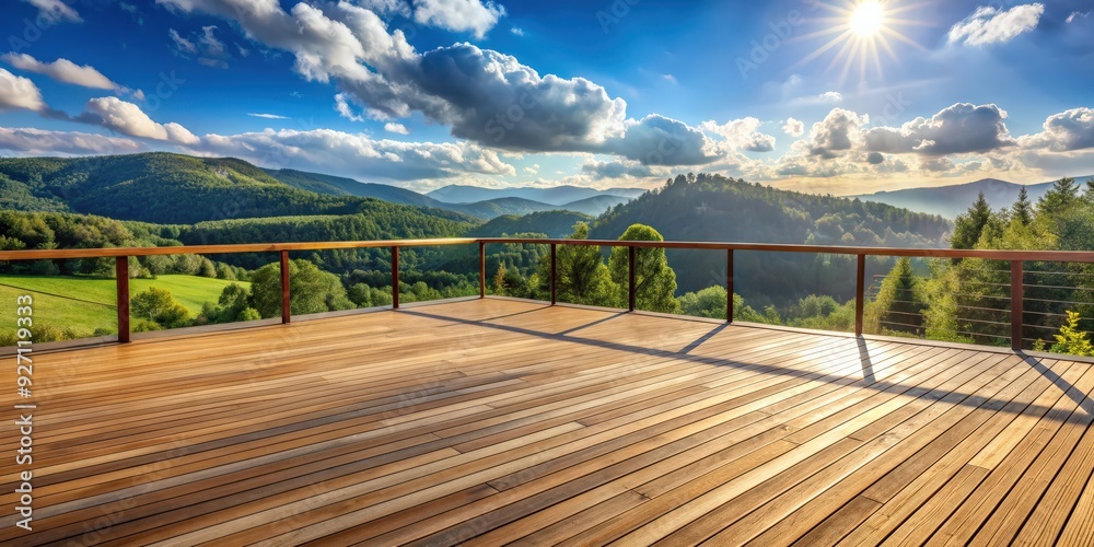 Fototapeta premium Wooden deck perspective with view of surrounding landscape , outdoor, nature, relax, tranquil, retreat, sunny, peaceful, deck