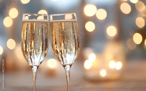 Two elegant champagne glasses filled with bubbly drink, illuminated by festive lights, perfect for celebrations and toasts. photo