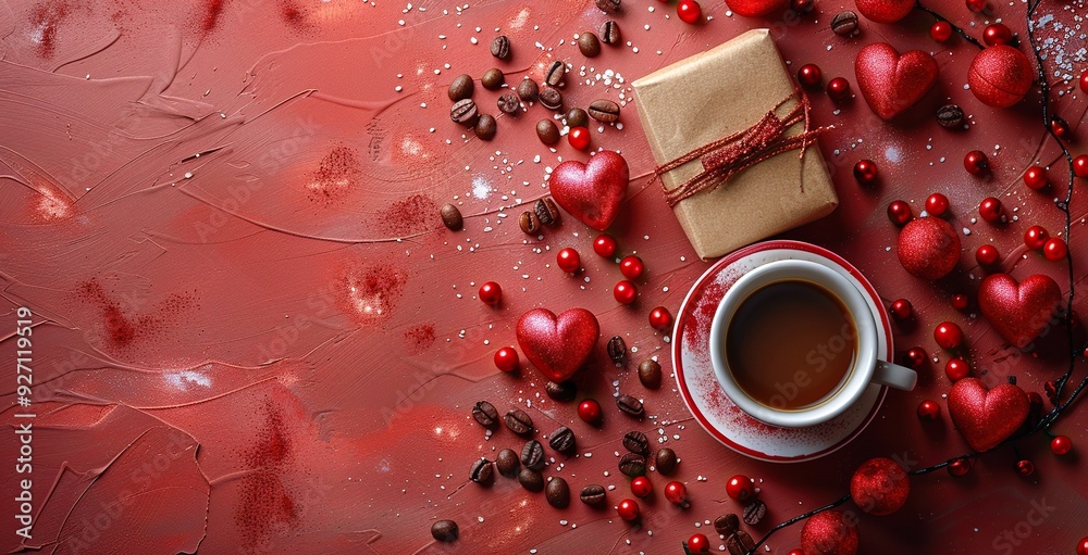 A top view table setup for Valentine�s Day includes a gift box, heart-shaped candy, a coffee cup, an envelope, and confetti on a red background, ideal for a vertical banner. A top view table setup for Valentine�s Day includes a gift box, heart-shaped candy, a coffee cup, an envelope, and confetti on a red background, ideal for a vertical banner.