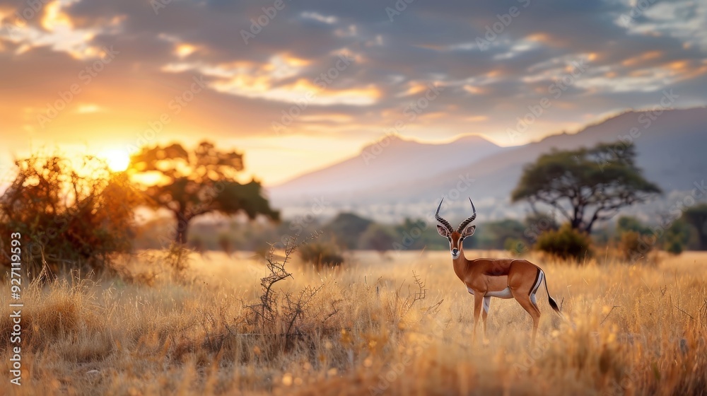 A lone impala grazes peacefully on the savanna against a fiery orange sunset. A lone impala grazes peacefully on the savanna against a fiery orange sunset.