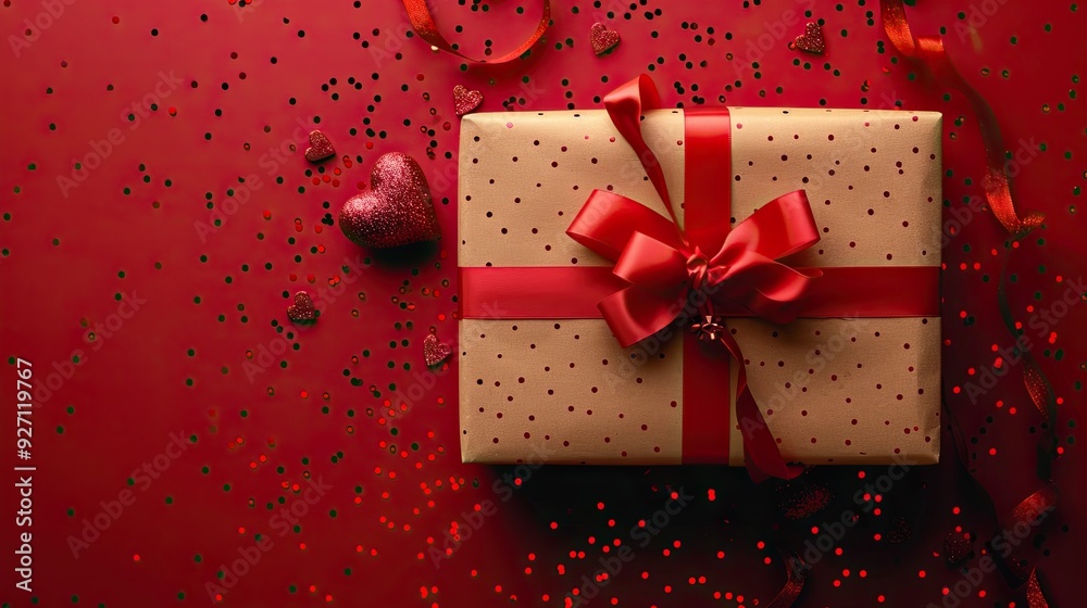 A gift box with a red ribbon bow and heart-shaped confetti on a red background forms a Valentine�s Day banner design, providing a top view with ample copy space. A gift box with a red ribbon bow and heart-shaped confetti on a red background forms a Valentine�s Day banner design, providing a top view with ample copy space.