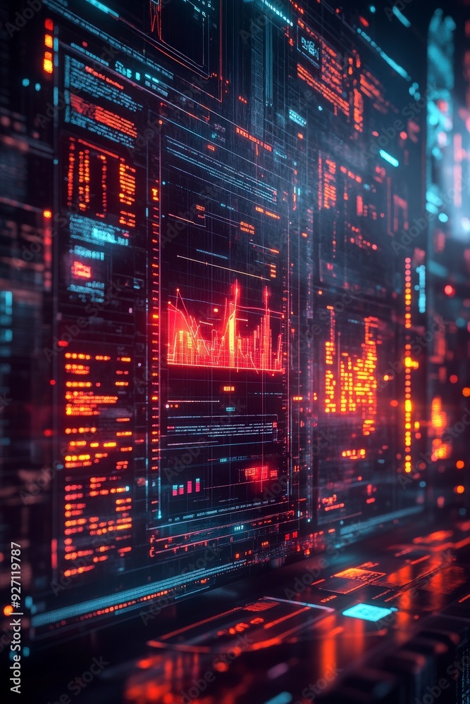Obraz premium Abstract digital screen with glowing red lines and data.