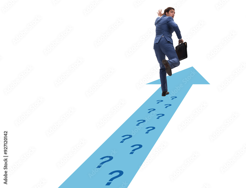 Businessman walking away on question footpath Businessman walking away on question footpath