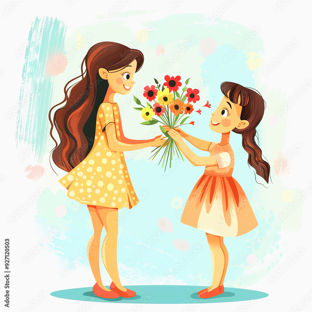 Two Girls, One Holding a Bouquet of Flowers, Smile at Each Other Two Girls, One Holding a Bouquet of Flowers, Smile at Each Other