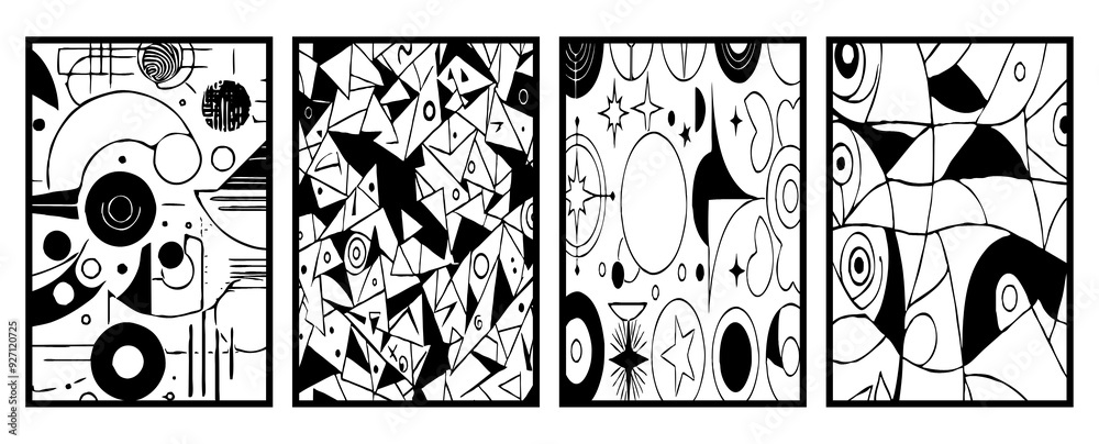 Obraz premium Set of 4 Abstract black and white pattern. For use in graphics. Minimalist illustration for printing on wall decorations