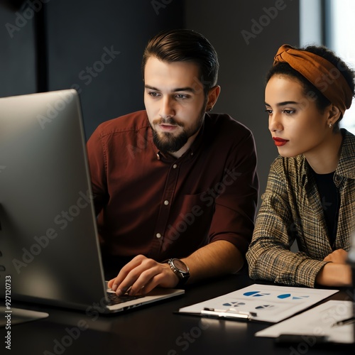 Two industrious executives are working in tandem to assess business financials, examining a computer during a meeting in the office. A professional manager is consulting with a corporate client