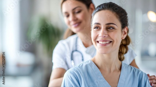 A nurse in a blue uniform smiles cheerfully at the camera while standing in a hospital