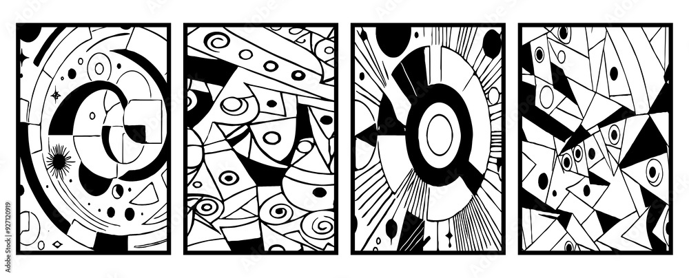 Obraz premium Set of 4 Abstract black and white pattern. For use in graphics. Minimalist illustration for printing on wall decorations