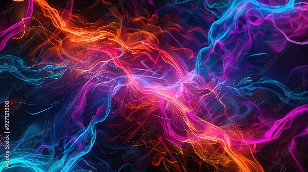 Fototapeta premium A digital illustration of swirling, flowing, and vibrant smoke in a dark environment. The smoke is red, orange, blue, and purple in color, and the image is abstract and ethereal.