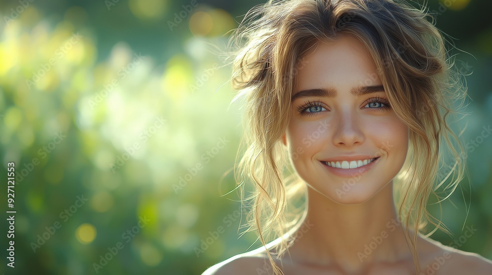 Young Woman with a Bright Smile Captured in a Candid Moment, Eyes Sparkling with Happiness, Set Against Vibrant Greenery and Soft Sunlight Enhancing Her Features Young Woman with a Bright Smile Captured in a Candid Moment, Eyes Sparkling with Happiness, Set Against Vibrant Greenery and Soft Sunlight Enhancing Her Features