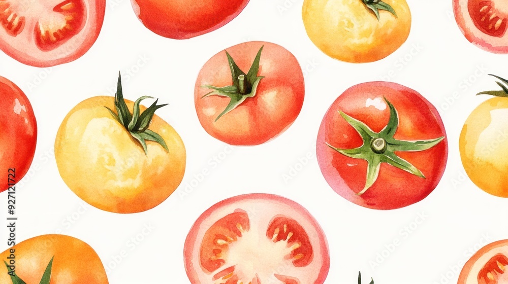 This image features a pattern of whole and sliced tomatoes with a watercolor texture on a plain background, showcasing different angles and states of the fruit. This image features a pattern of whole and sliced tomatoes with a watercolor texture on a plain background, showcasing different angles and states of the fruit.