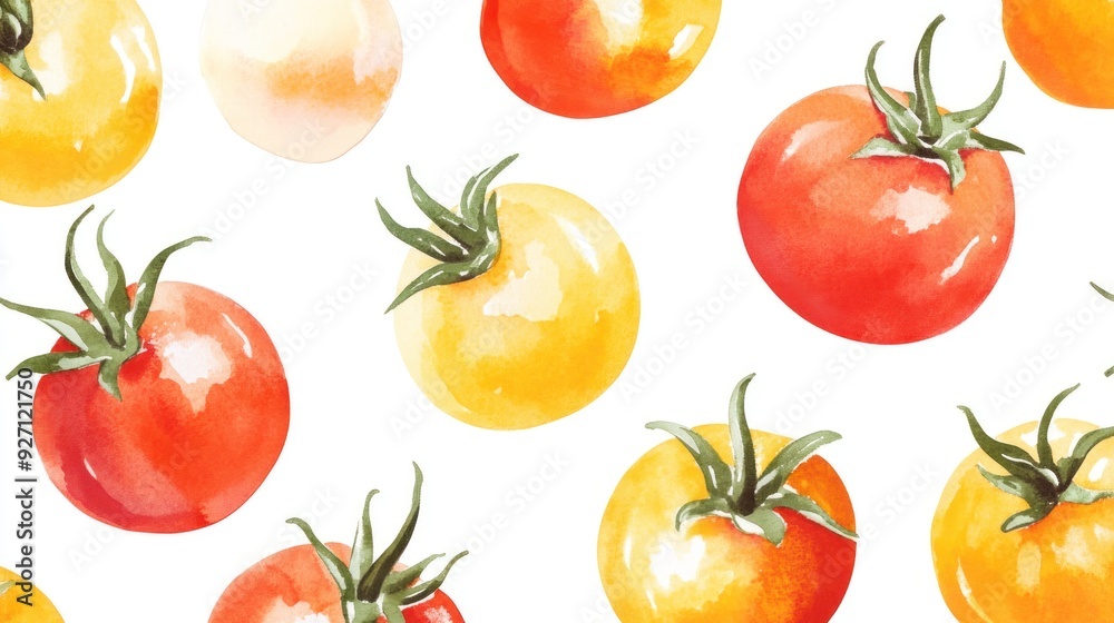 The image shows a pattern of watercolor-painted red and yellow tomatoes with green stems against a white background, likely signifying fresh, healthy, natural produce. The image shows a pattern of watercolor-painted red and yellow tomatoes with green stems against a white background, likely signifying fresh, healthy, natural produce.
