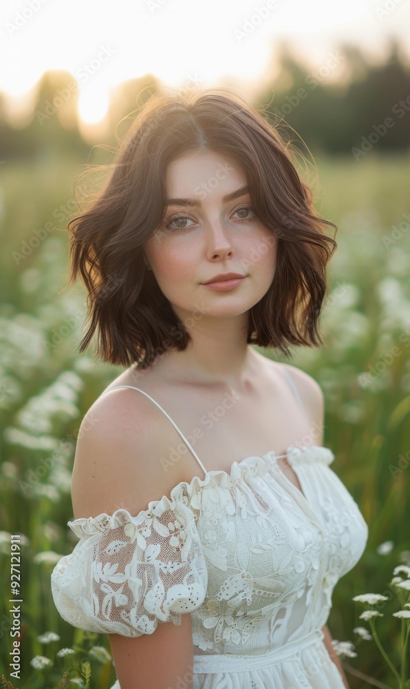 A woman in a white dress standing next to some flowers. AI. A woman in a white dress standing next to some flowers. AI.