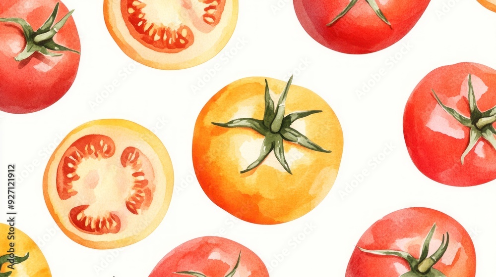 The image shows watercolor illustrations of whole and sliced red tomatoes on a plain background, artistically rendered with attention to light and shadow. The image shows watercolor illustrations of whole and sliced red tomatoes on a plain background, artistically rendered with attention to light and shadow.