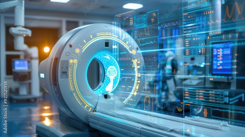 A close-up view of a medical scanner in a hospital setting, featuring a digital interface with a brain scan image displayed on its screen. The scanner is modern and sleek in design, with a bright, fut A close-up view of a medical scanner in a hospital setting, featuring a digital interface with a brain scan image displayed on its screen. The scanner is modern and sleek in design, with a bright, fut