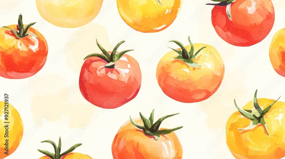 The image is a watercolor painting featuring a pattern of red and yellow tomatoes with visible brushstrokes on an off-white background. The image is a watercolor painting featuring a pattern of red and yellow tomatoes with visible brushstrokes on an off-white background.