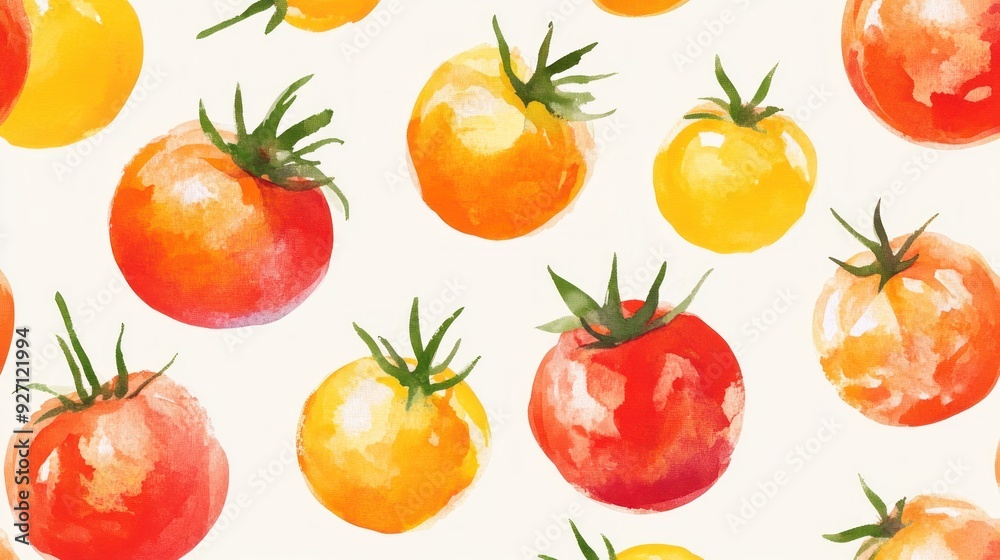 The image displays a pattern of watercolor-painted tomatoes in various shades of red, orange, and yellow, creating a vibrant and artistic backdrop. The image displays a pattern of watercolor-painted tomatoes in various shades of red, orange, and yellow, creating a vibrant and artistic backdrop.