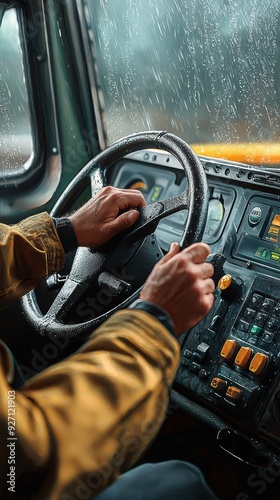 Close-up of hands shifting gears on a bus with soft interior light and focus on steering wheel and controls