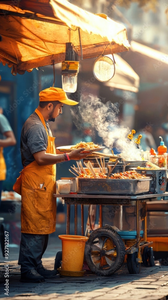 Fototapeta premium Food cart vendor preparing meals for customers in a soft sunlight setting, emphasizing food items and cooking tools