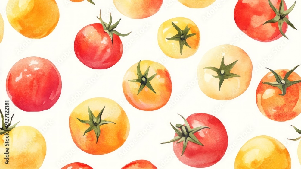 An illustration of various tomatoes in red and yellow colors with different shades and highlights on a white background, likely depicting different ripeness levels. An illustration of various tomatoes in red and yellow colors with different shades and highlights on a white background, likely depicting different ripeness levels.