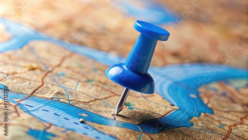 Blue thumbtack marking destination point on map background with copy space, blue, thumbtack, marking, destination, location