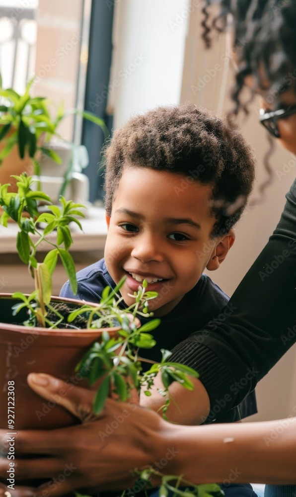 A young boy smiles while holding a potted plant. AI. A young boy smiles while holding a potted plant. AI.