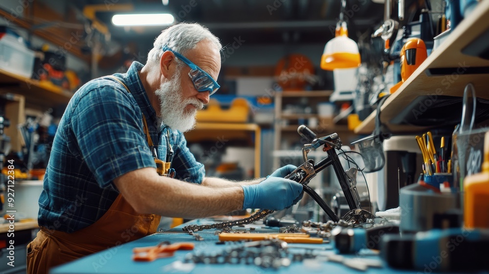 Side profile of a bicycle repairer working on a bike chain, showcasing detailed tools and bike parts Side profile of a bicycle repairer working on a bike chain, showcasing detailed tools and bike parts