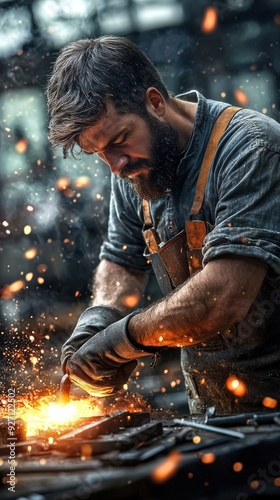 Side view of blacksmith working on a blade with tools and flames in the background, realistic workshop scene