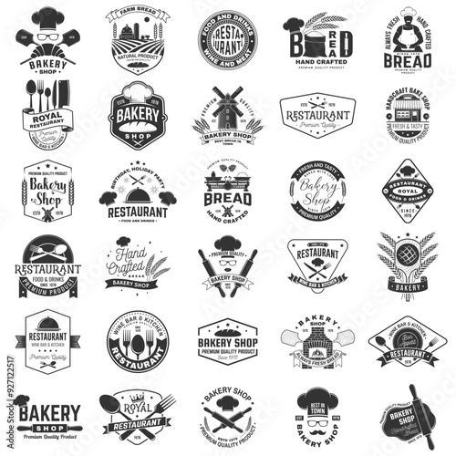 Set of Restaurant and Bakery shop logo. Vector Illustration. Vintage graphic design for logotype, label, badge with plate, steak, cloche with lid, fork and knife. Cooking, cuisine logo for menu