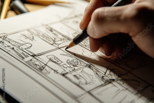 Close-up of hand drawing a detailed storyboard for a commercial project