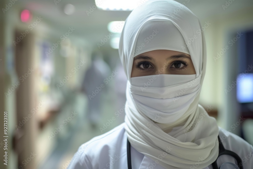 A nurse in a white hijab and headscarf looks directly at the camera. AI. A nurse in a white hijab and headscarf looks directly at the camera. AI.