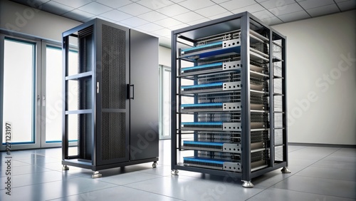 A server stand designed to hold multiple servers and networking equipment, data center, technology, internet, network