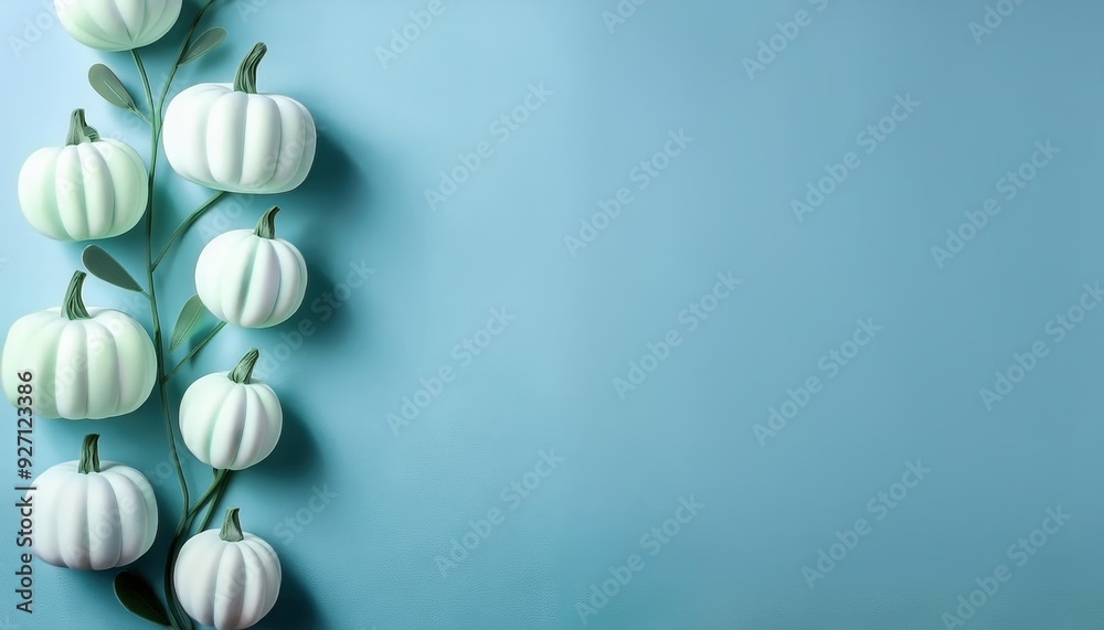 Cute white Halloween pumpkin and Flower vine on pastel blue background, 3D illustration with a blank space for text Cute white Halloween pumpkin and Flower vine on pastel blue background, 3D illustration with a blank space for text