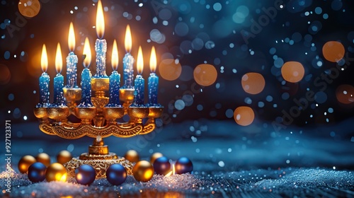 A Hanukkah menorah with candles shines against a dark blue background with snowfall, creating a happy Hanukkah banner template and greeting card design.