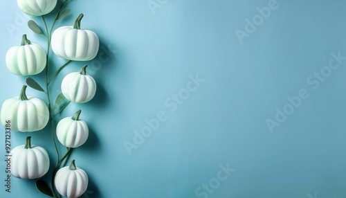 Cute white Halloween pumpkin and Flower vine on pastel blue background, 3D illustration with a blank space for text