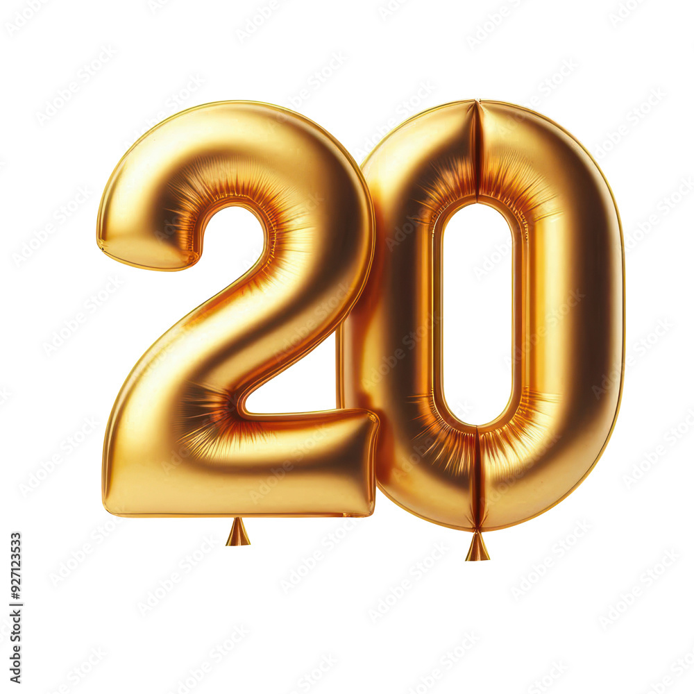 Number 20 Golden inflatable foil balloon. Bright party decoration figures. isolated on transparent background. Number 20 Golden inflatable foil balloon. Bright party decoration figures. isolated on transparent background.