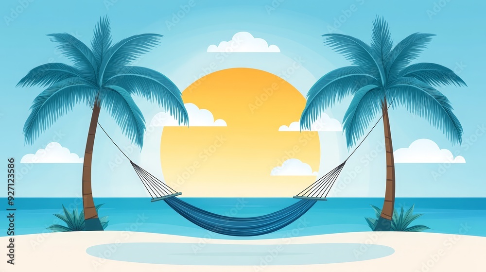 Obraz premium Serene tropical beach with hammock between palm trees at sunset. Idyllic seaside escape, perfect for relaxation and tranquility.